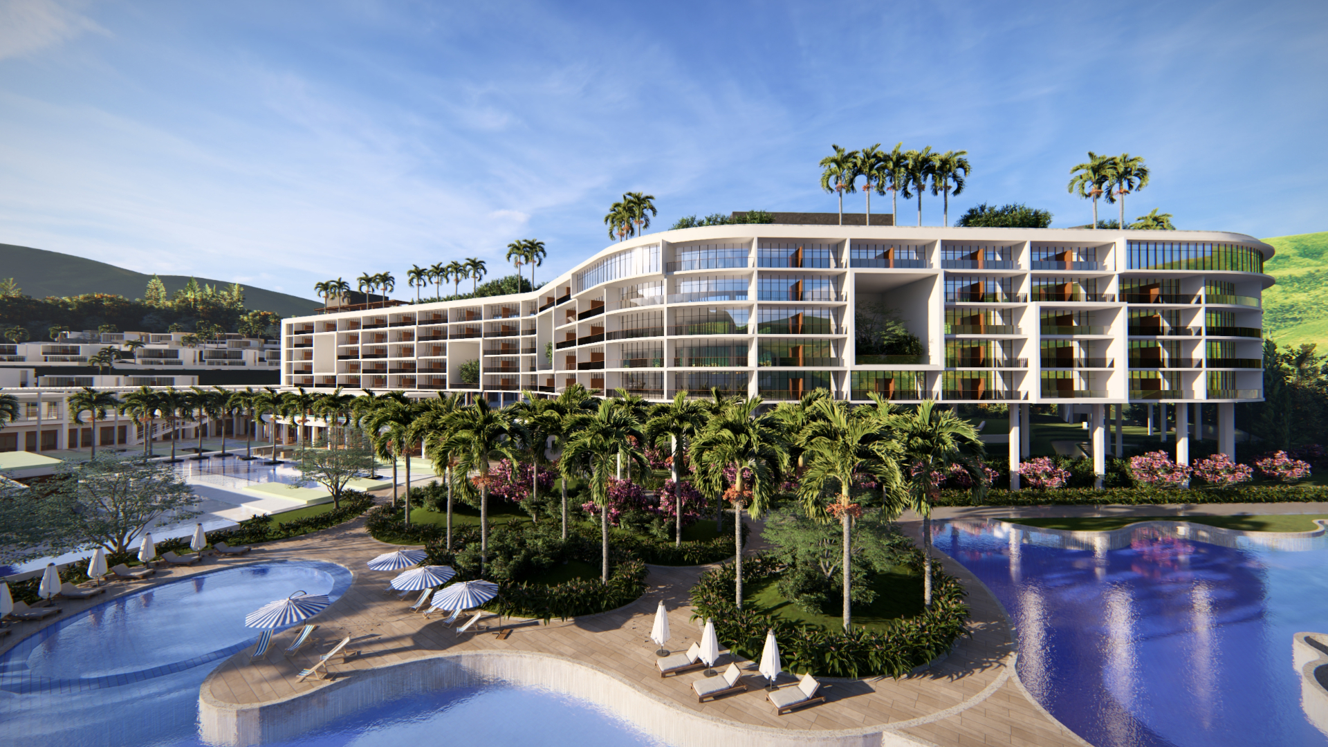 Vista ampla de resort residencial com áreas de lazer e arquitetura orgânica