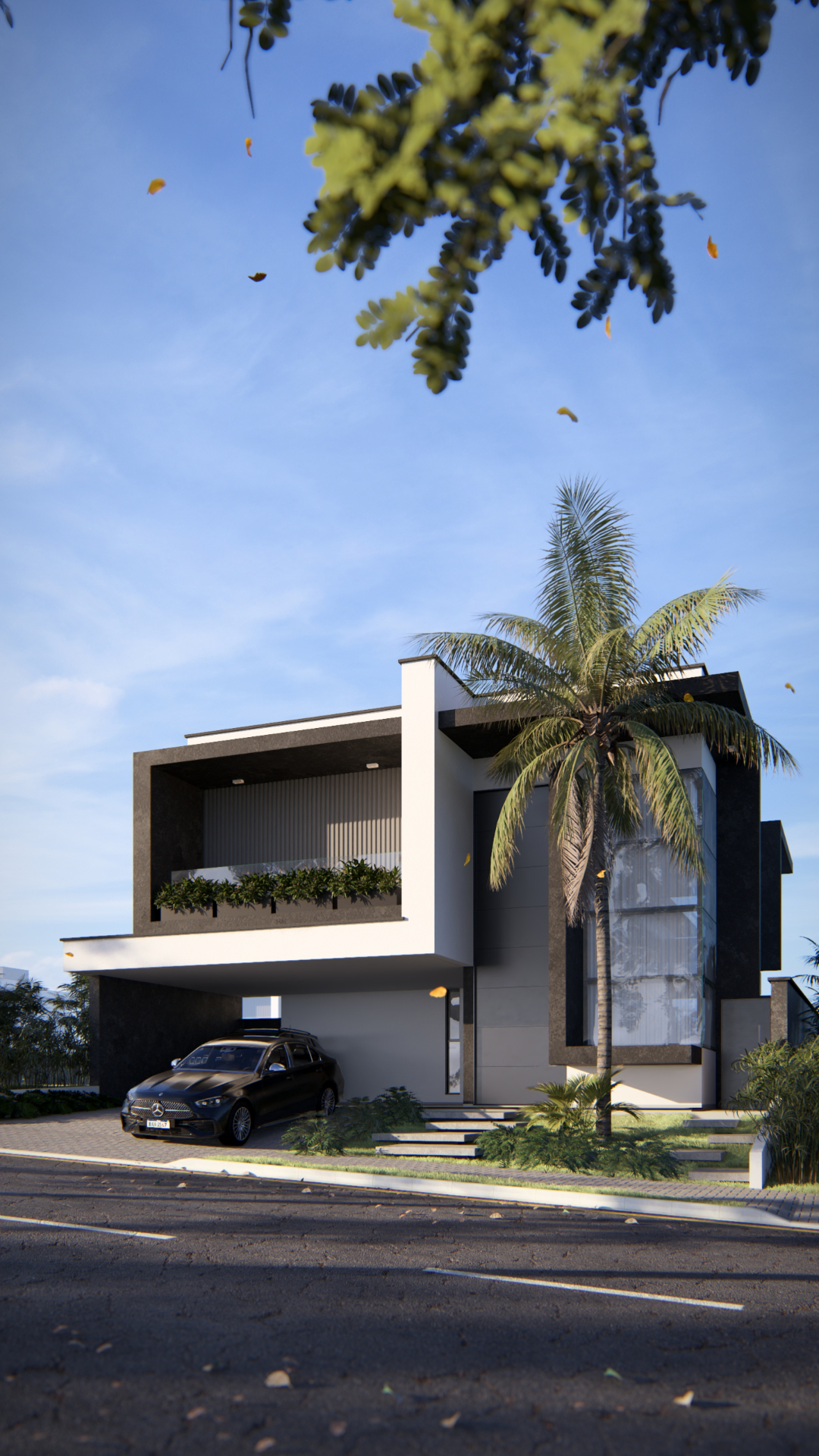 Render residencial com enquadramento vertical e paisagismo tropical